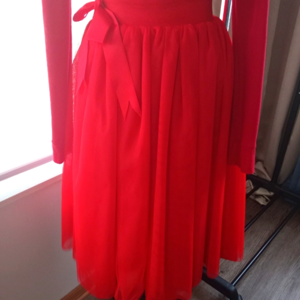 Handmade red netted knee-length shirt with bow on waist size small